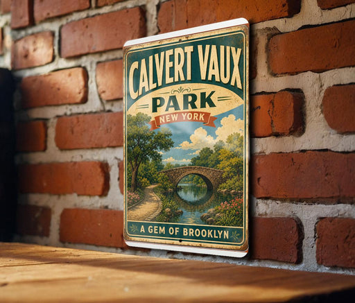 A vintage-style sign for Calvert Vaux Park in New York, featuring a scenic landscape with a bridge and trees.