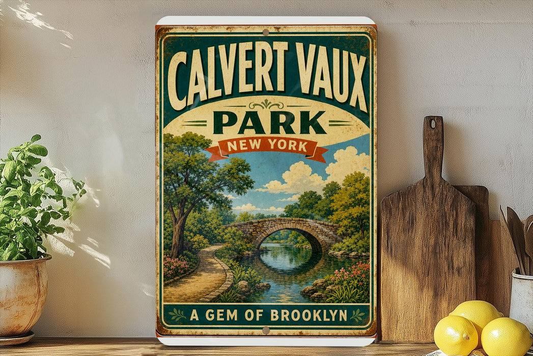 A vintage-style poster of Calvert Vaux Park in New York, featuring a scenic landscape with a bridge and trees, is displayed on a wall next to a wooden cutting board and some kitchen utensils.