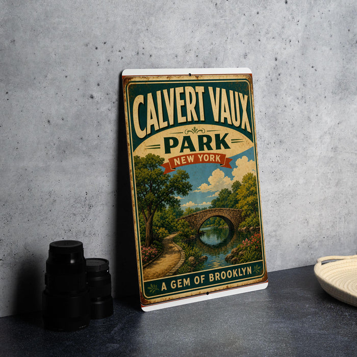 A vintage-style metal sign for Calvert Vaux Park in New York, featuring a scenic illustration of a bridge and a river.