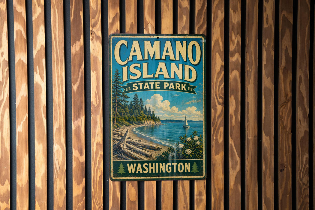 A vintage metal sign for Camano Island State Park in Washington, featuring a scenic landscape with a lake, trees, and a sailboat.