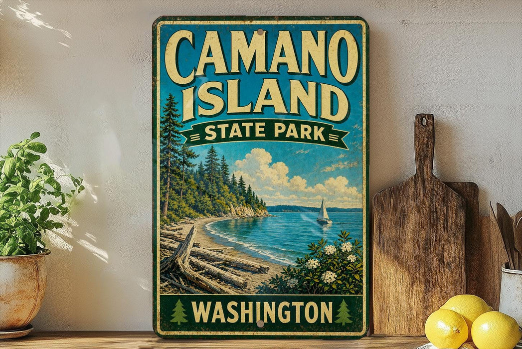 A vintage-style sign for Camano Island State Park in Washington, featuring a scenic landscape with a lake, pine trees, and a sailboat.