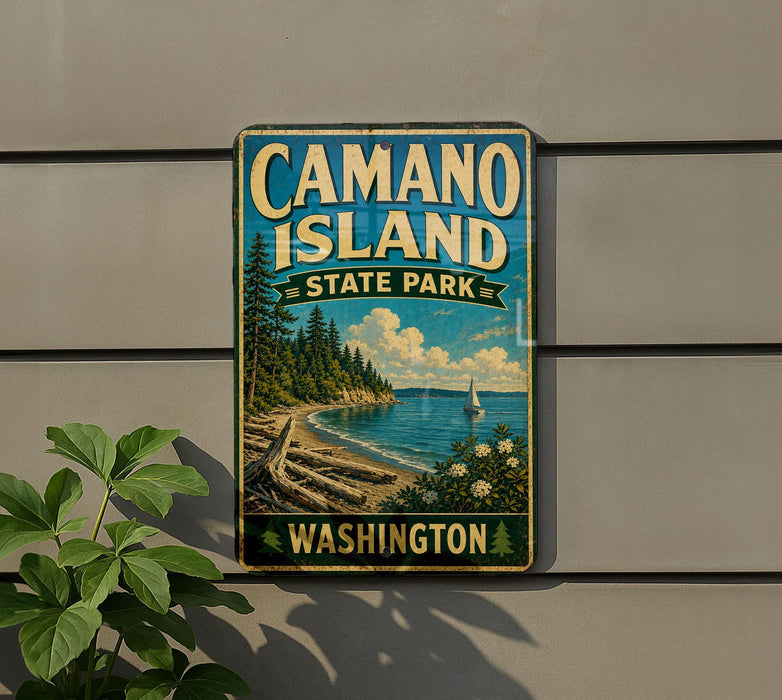 A vintage-style metal sign for Camano Island State Park in Washington, featuring a scenic landscape with a beach, mountains, and a sailboat.