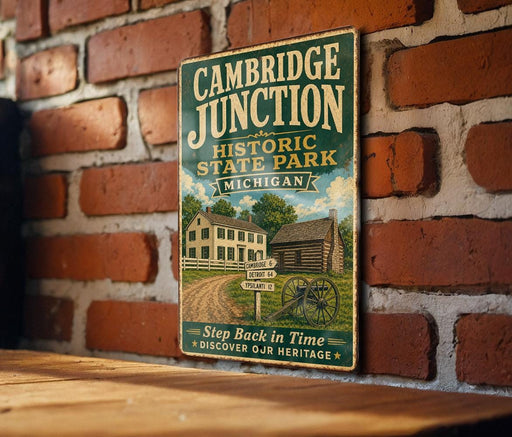 A vintage metal sign for Cambridge Junction Historic State Park in Michigan, featuring an illustration of a log cabin and a signpost.