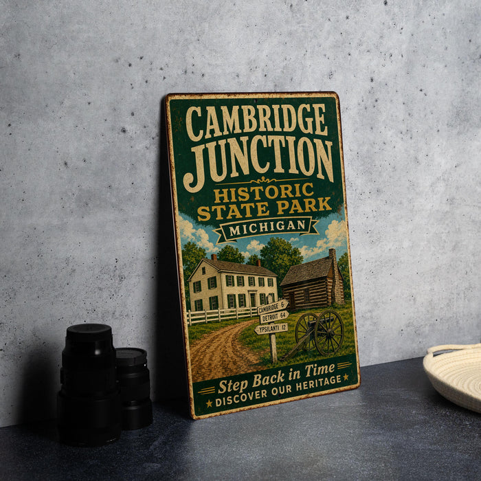 A vintage metal sign for Cambridge Junction Historic State Park in Michigan, featuring an illustration of a log cabin and a dirt road.
