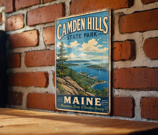 A vintage metal sign for Camden Hills State Park in Maine, featuring a scenic landscape with mountains, ocean, and boats.
