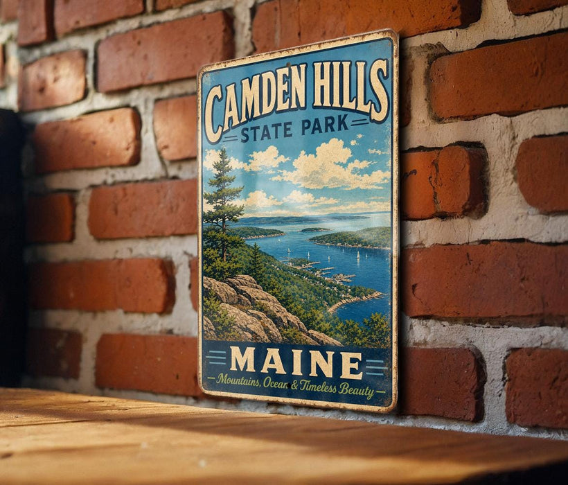 A vintage metal sign for Camden Hills State Park in Maine, featuring a scenic landscape with mountains, ocean, and boats.