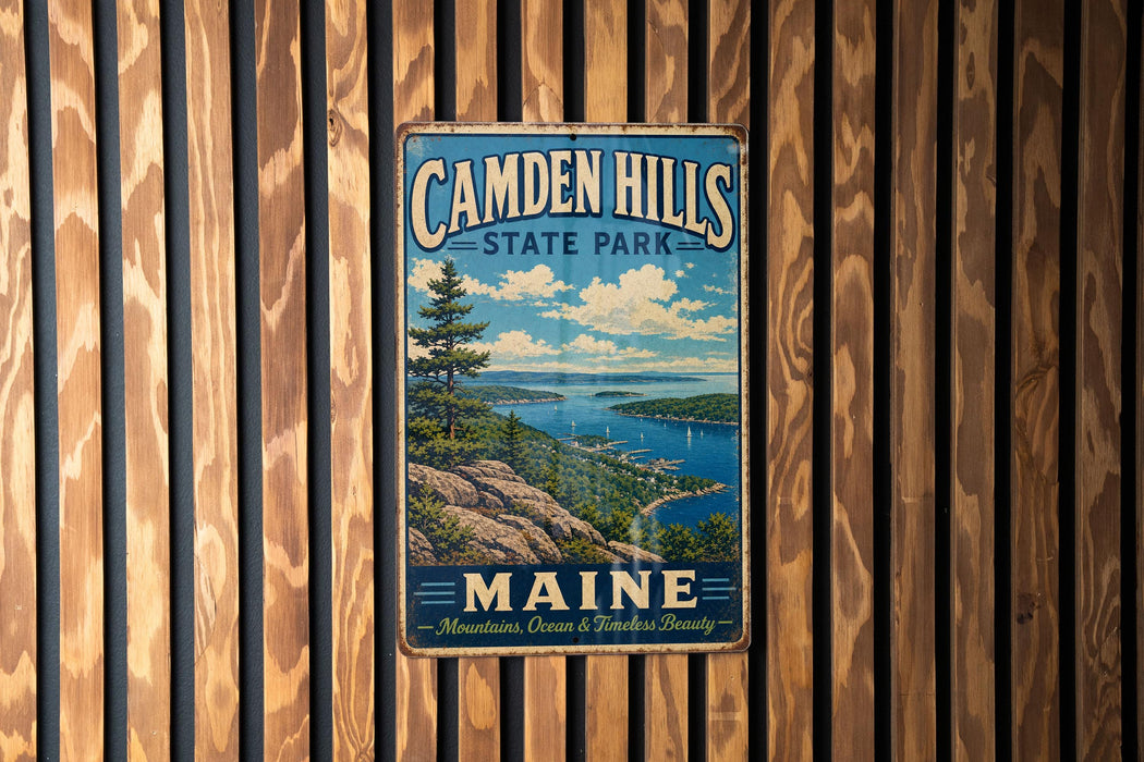 A vintage metal sign for Camden Hills State Park in Maine, featuring a scenic landscape with mountains, ocean, and a pine tree.