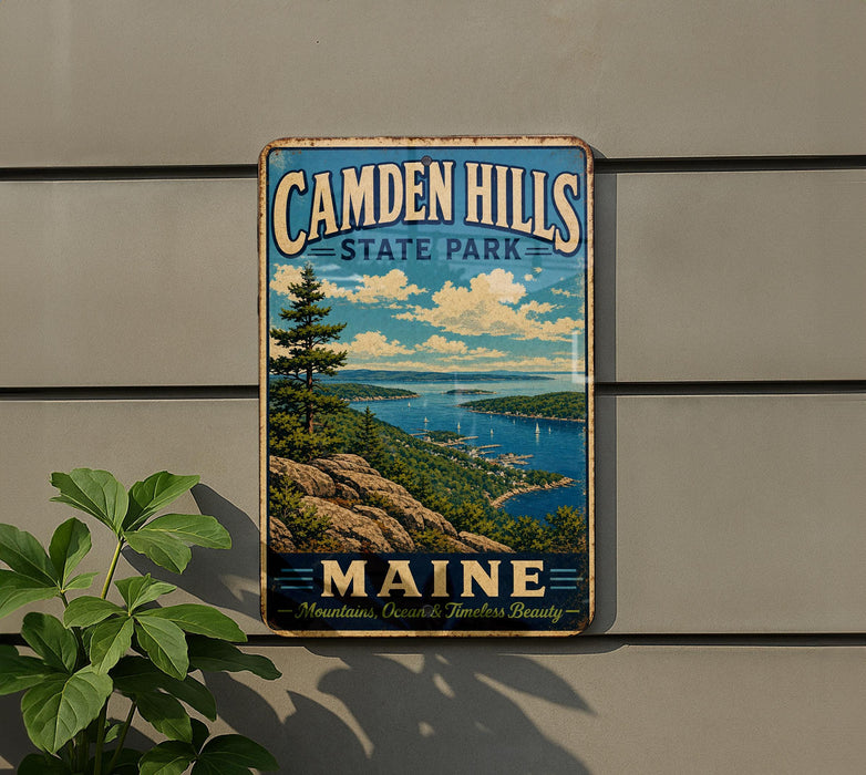 A vintage metal sign for Camden Hills State Park in Maine, featuring a scenic landscape with mountains, water, and a pine tree.