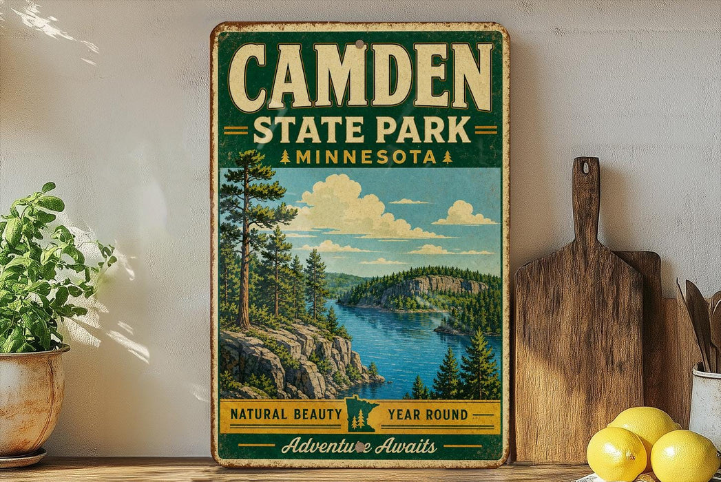 A vintage-style metal sign for Camden State Park in Minnesota, featuring a scenic landscape with pine trees, a lake, and mountains.
