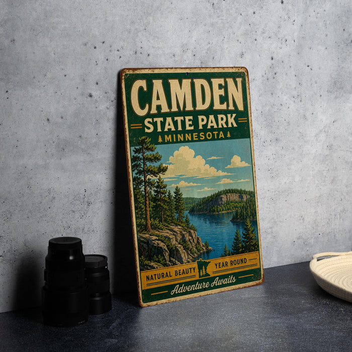 A vintage metal sign for Camden State Park in Minnesota, featuring a scenic landscape with a lake and mountains.