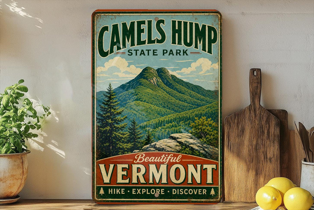 A vintage-style sign for Camelsump State Park in Vermont, featuring a mountain landscape with pine trees and a wooden sign.