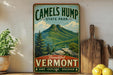 A vintage-style sign for Camelsump State Park in Vermont, featuring a mountain landscape with pine trees and a wooden sign.