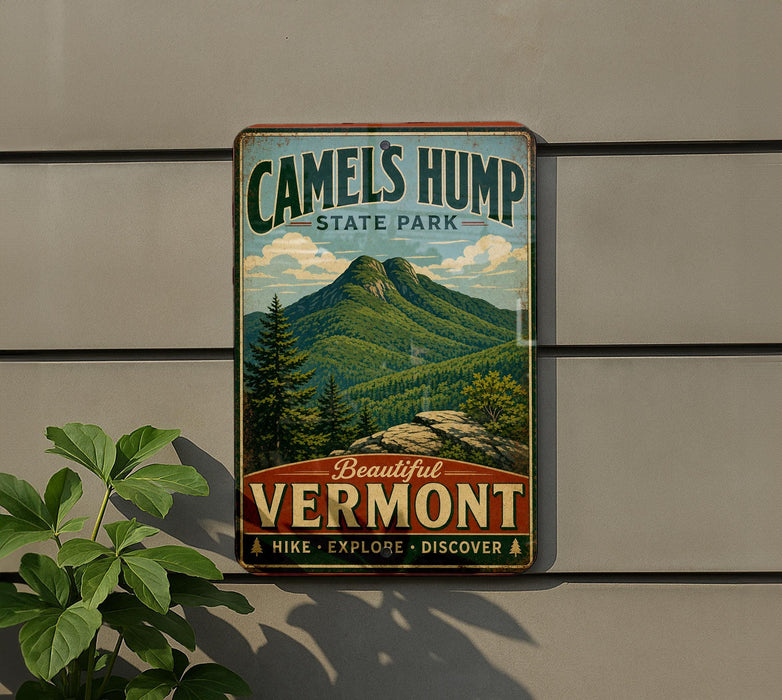 A vintage metal sign for Camel's Hump State Park, featuring a mountain landscape and the words "Beautiful Vermont" in a vintage style.