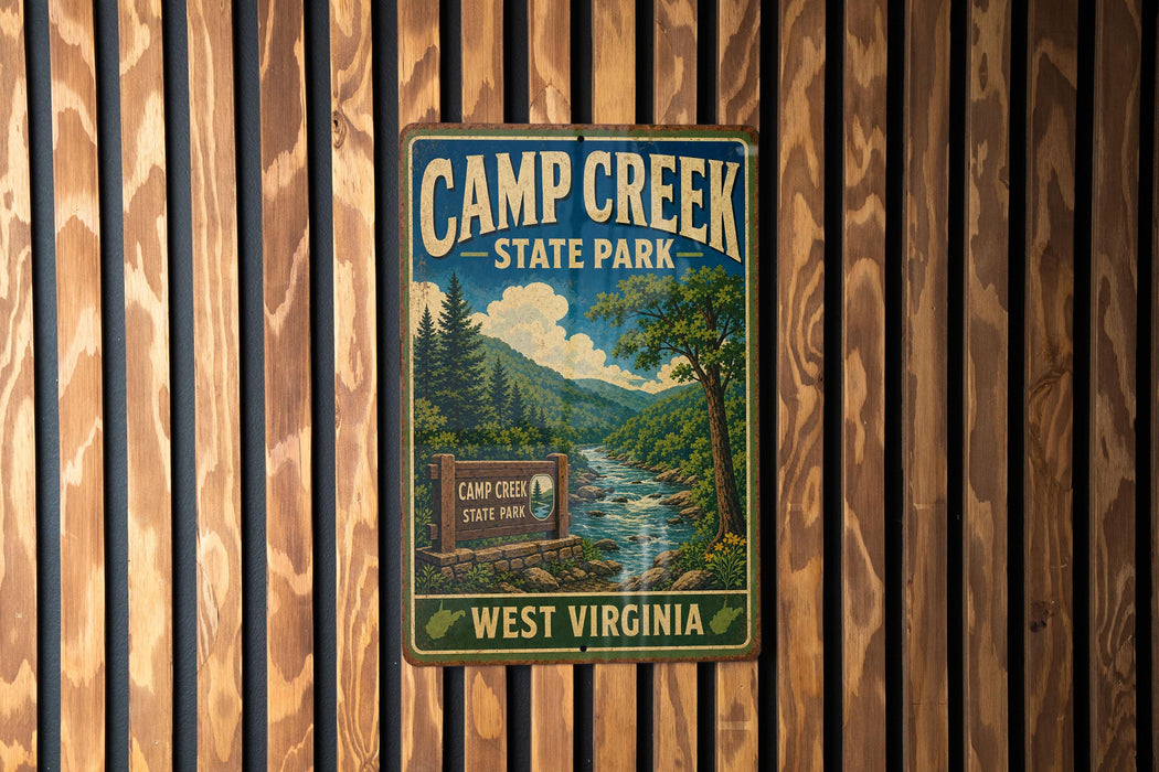 A vintage-style metal sign for Camp Creek State Park in West Virginia, featuring a scenic illustration of the park's landscape.