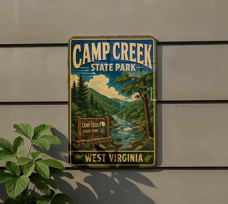 A vintage-style metal sign for Camp Creek State Park in West Virginia, featuring a scenic landscape with a river and pine trees.
