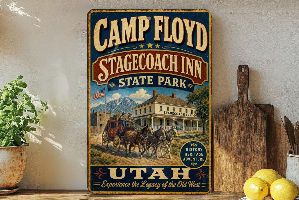 A vintage-style metal sign for Camp Floyd Stagecoach Inn in Utah, featuring an illustration of a stagecoach and a scenic mountain backdrop.