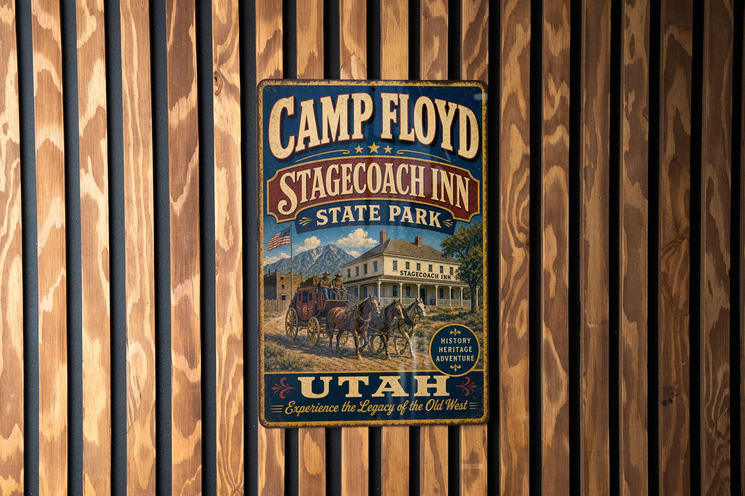 A vintage metal sign for Camp Floyd Stagecoach Inn in Stagecoach, Utah, featuring an illustration of a stagecoach and a historic building.