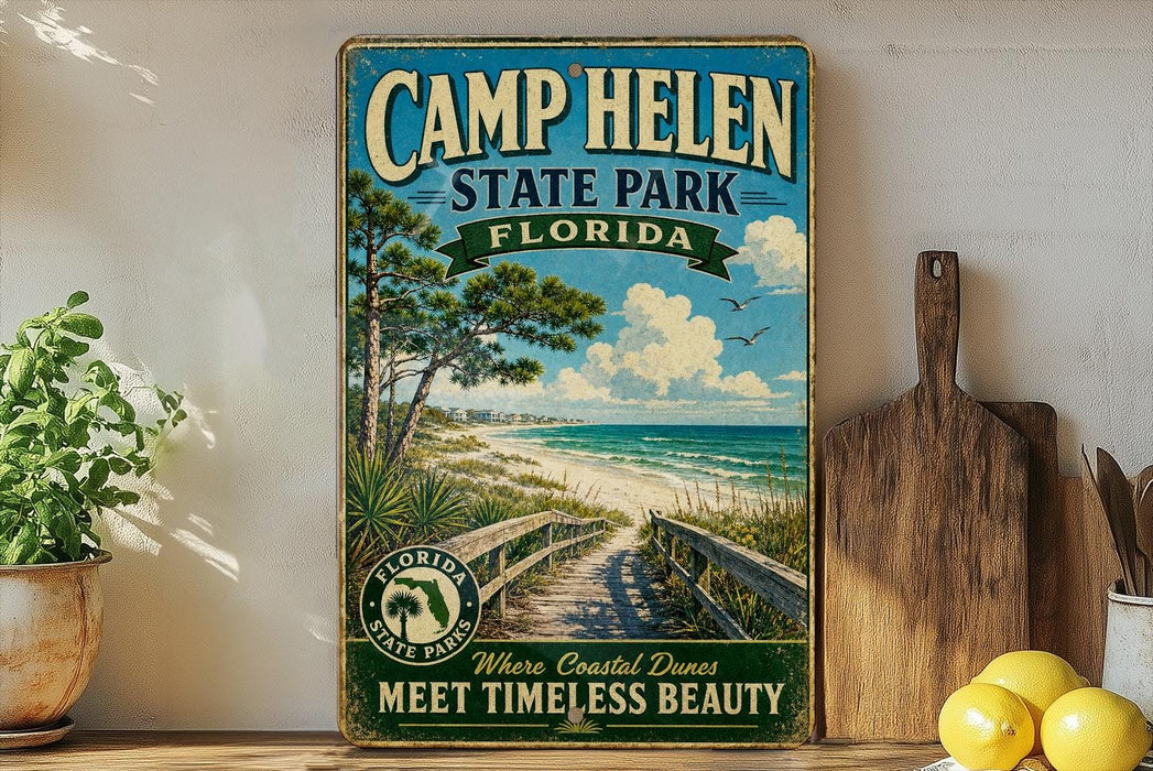 A vintage-style sign for Camp Helen State Park in Florida, featuring a beach scene with a wooden walkway leading to the beach.