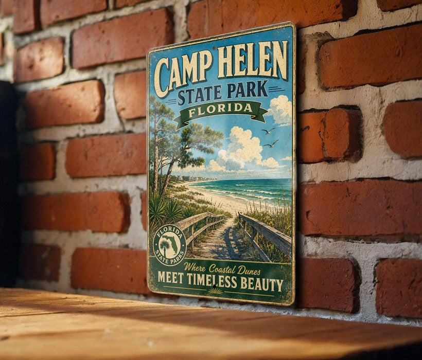 A vintage-style metal sign for Camp Helen State Park in Florida, featuring a scenic beach and palm trees, is displayed on a brick wall.