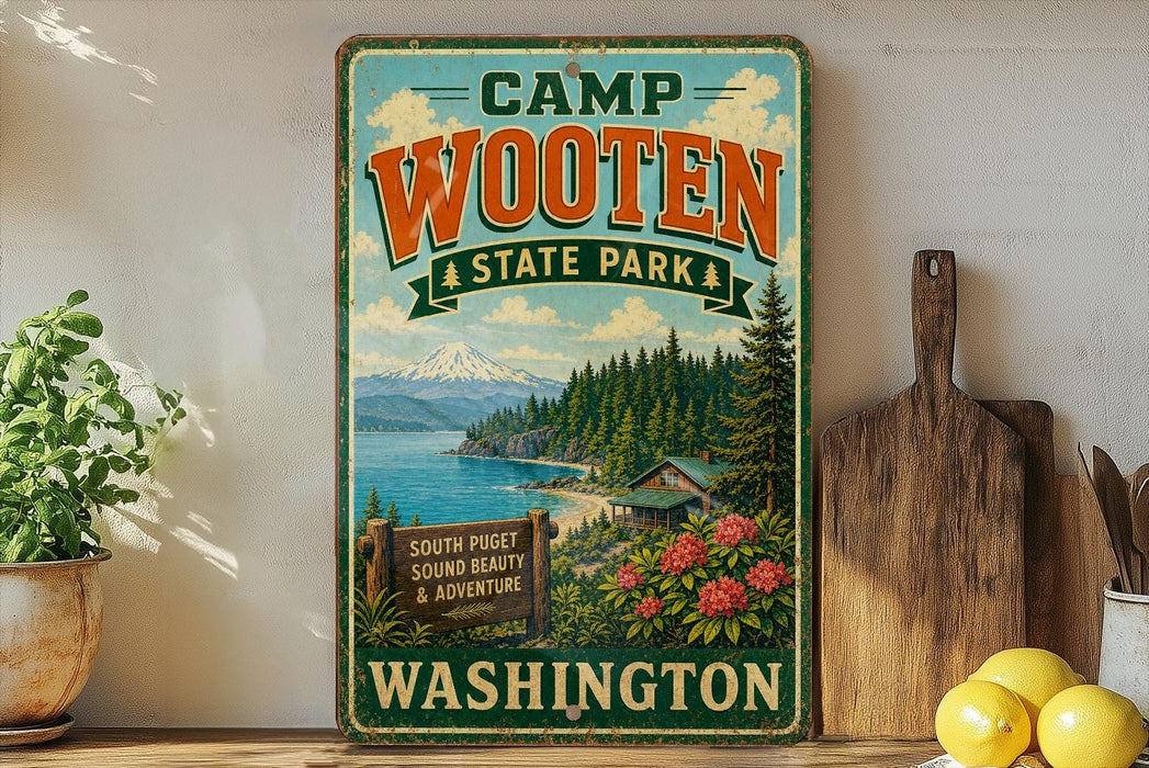 A vintage-style metal sign for Camp Wooten State Park in Washington, featuring a scenic landscape with a mountain, pine trees, and a cabin.