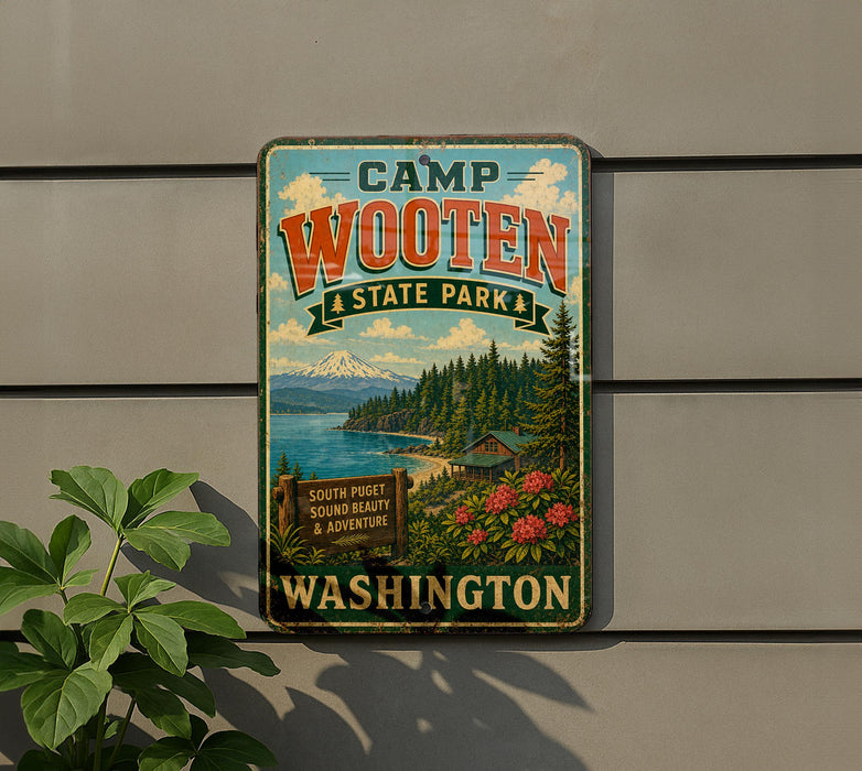 A vintage-style metal sign for Camp Wooten State Park in Washington, featuring a scenic landscape with a mountain, pine trees, and a lake.