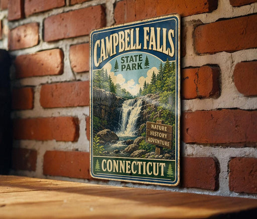 A vintage metal sign for Campbell Falls State Park in Connecticut, featuring a waterfall and a sign indicating the park's nature, history, and adventure aspects.
