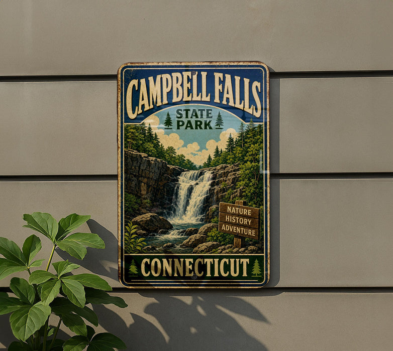 A vintage metal sign for Campbell Falls State Park in Connecticut, featuring a waterfall and forest scenery.