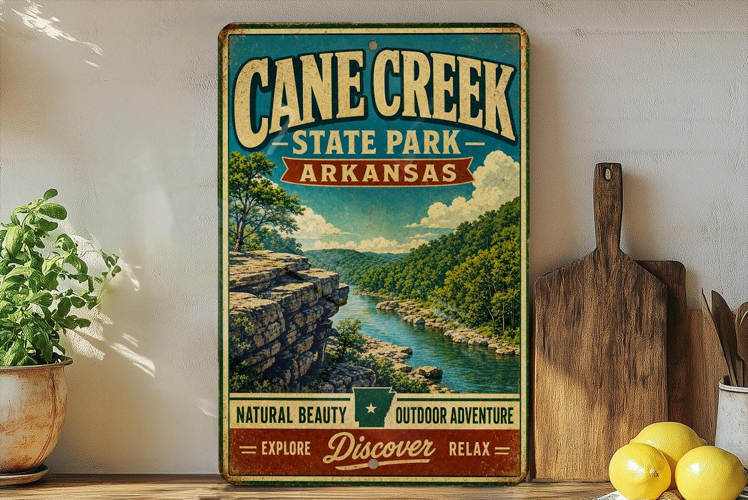 A vintage-style metal sign for Cane Creek State Park in Arkansas, featuring a scenic landscape with a river and mountains.