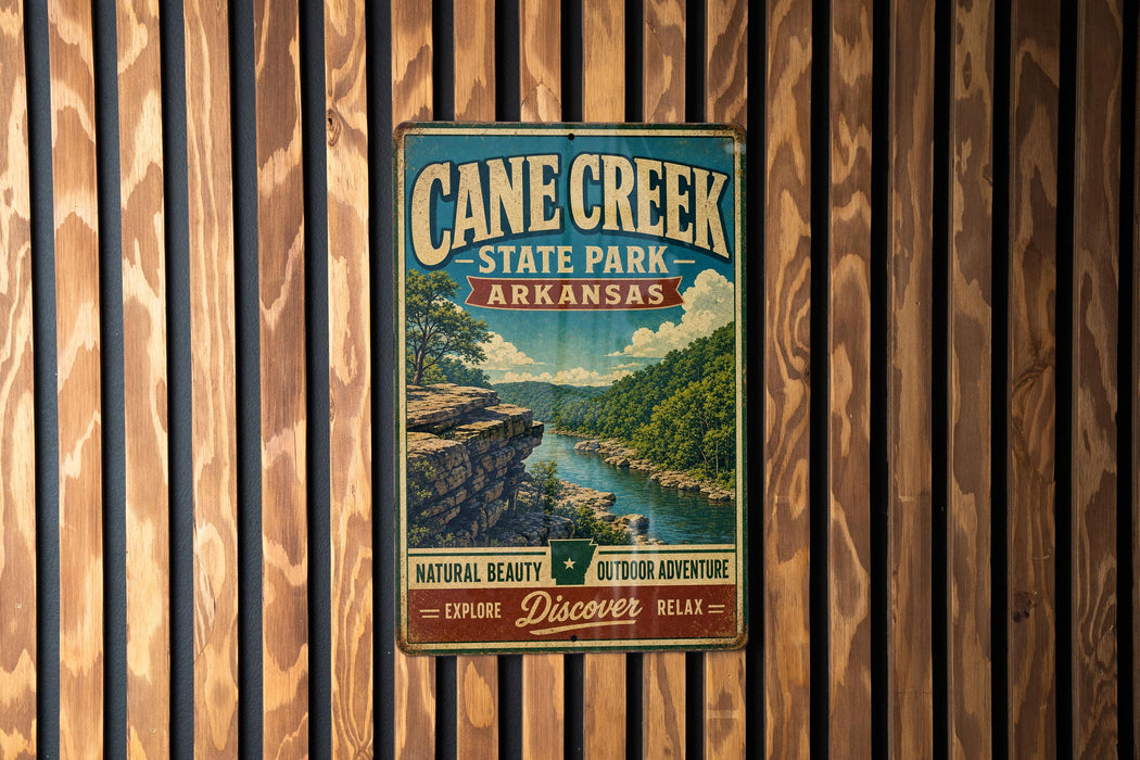 A vintage metal sign for Cane Creek State Park in Arkansas, featuring a scenic landscape with a river and mountains.