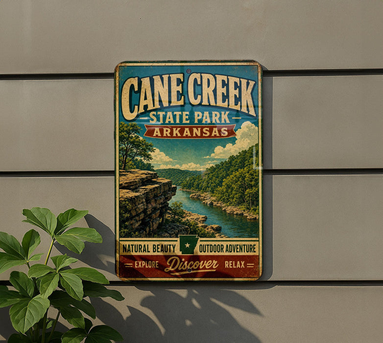 A vintage-style metal sign for Cane Creek State Park in Arkansas, featuring a scenic landscape with a river and mountains.