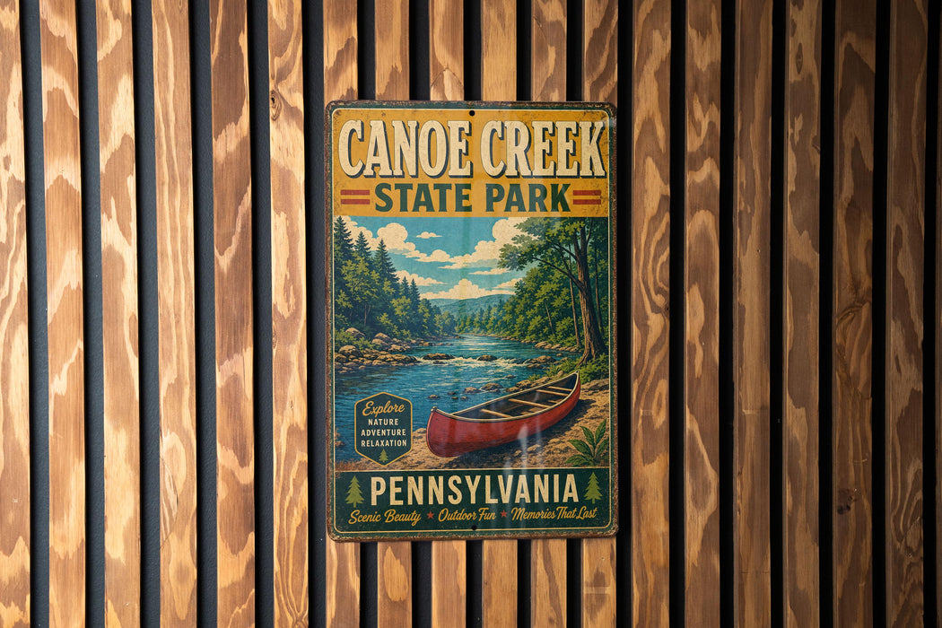 A vintage-style metal sign for Canoe Creek State Park in Pennsylvania, featuring a scenic image of a canoe on a river surrounded by trees.