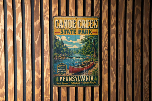 A vintage-style metal sign for Canoe Creek State Park in Pennsylvania, featuring a scenic image of a canoe on a river surrounded by trees.