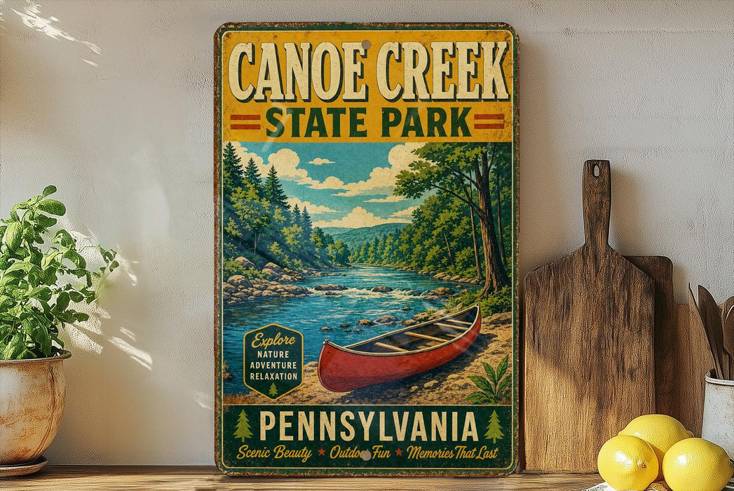 A vintage-style sign for Canoe Creek State Park in Pennsylvania, featuring a scenic image of a canoe on a river surrounded by trees and mountains.