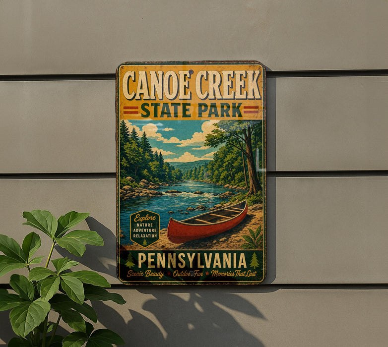 A vintage-style metal sign for Canoe Creek State Park in Pennsylvania, featuring a scenic illustration of a canoe on a river surrounded by trees and mountains.