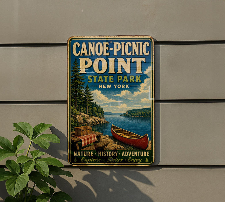 A vintage-style metal sign for Canoe-Picnic Point State Park in New York, featuring a scenic image of a lake, canoe, and forest.