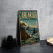 A vintage-style sign for Cape Arago State Park in Oregon, featuring a scenic landscape with rocky cliffs, trees, and the ocean.