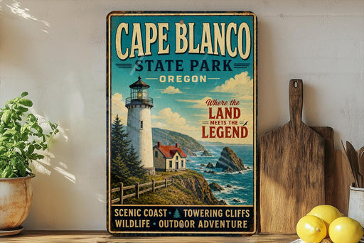 A vintage-style poster of Cape Blanco State Park in Oregon, featuring a lighthouse and coastal landscape, is displayed on a wall next to a wooden cutting board and some lemons.