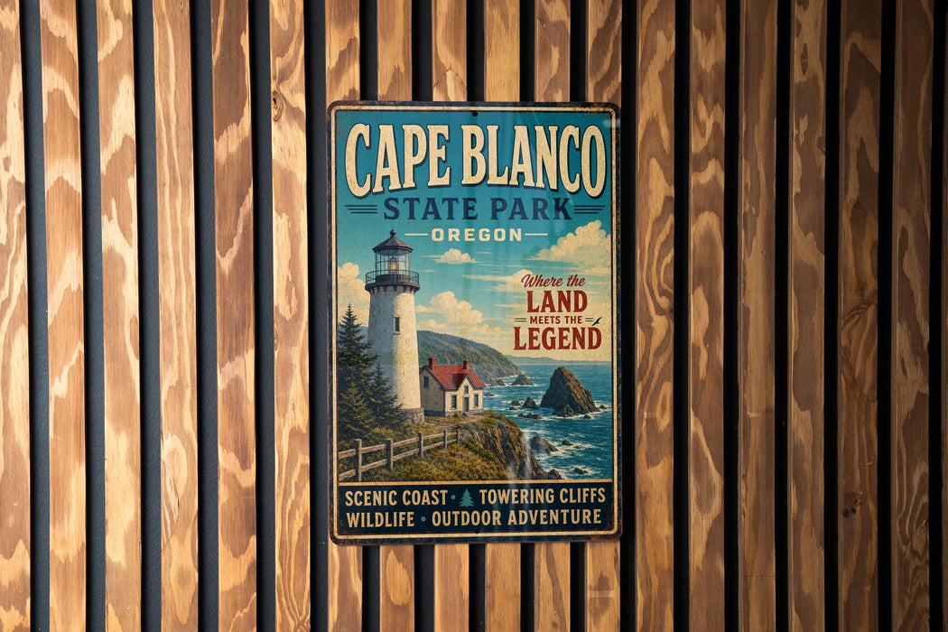 A vintage metal sign for Cape Blanco State Park in Oregon, featuring a lighthouse and coastal scenery.