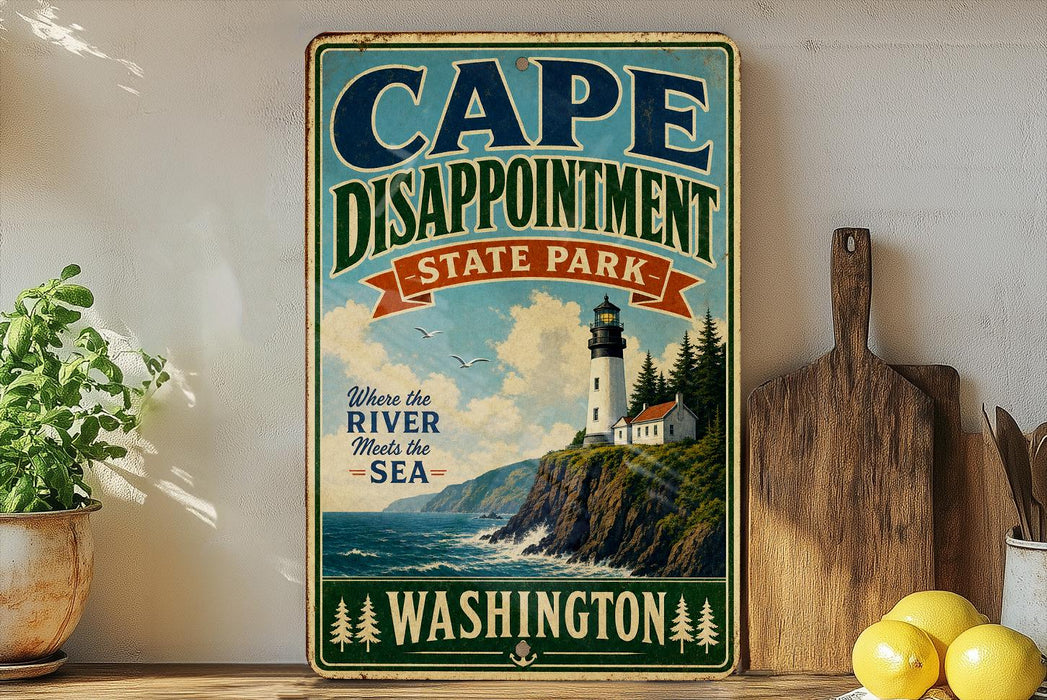 A vintage-style sign for Cape Disappointment State Park in Washington, featuring a lighthouse and a coastal landscape.