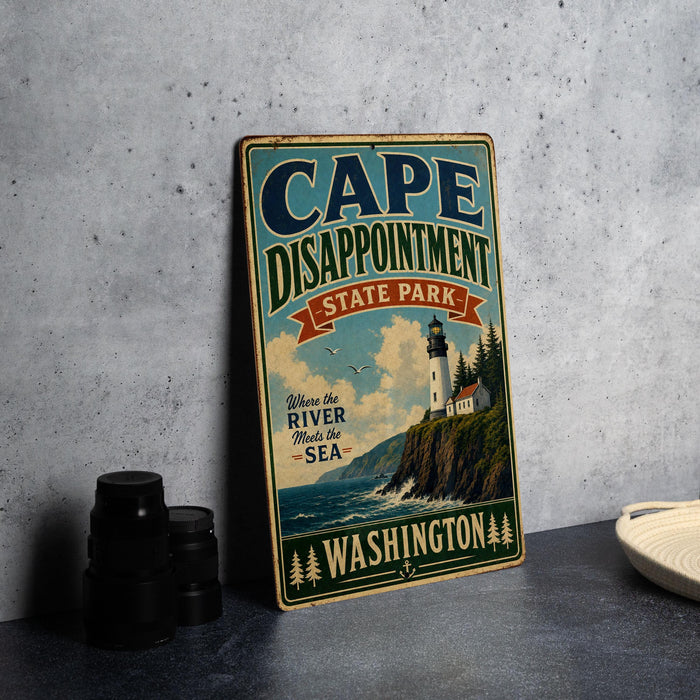 A vintage-style sign for Cape Disappointment State Park in Washington, featuring a lighthouse and a coastal scene.