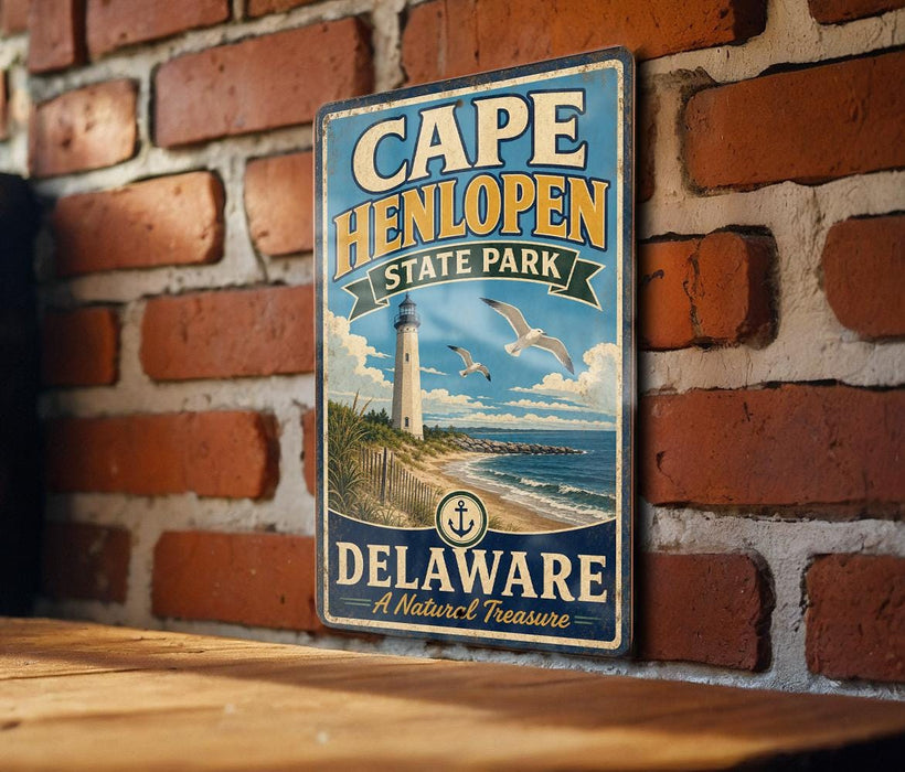 A vintage-style metal sign for Cape Henlopen State Park in Delaware, featuring a lighthouse and beach scene.