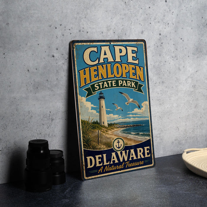 A vintage metal sign for Cape Henlopen State Park in Delaware, featuring a lighthouse and beach scene.