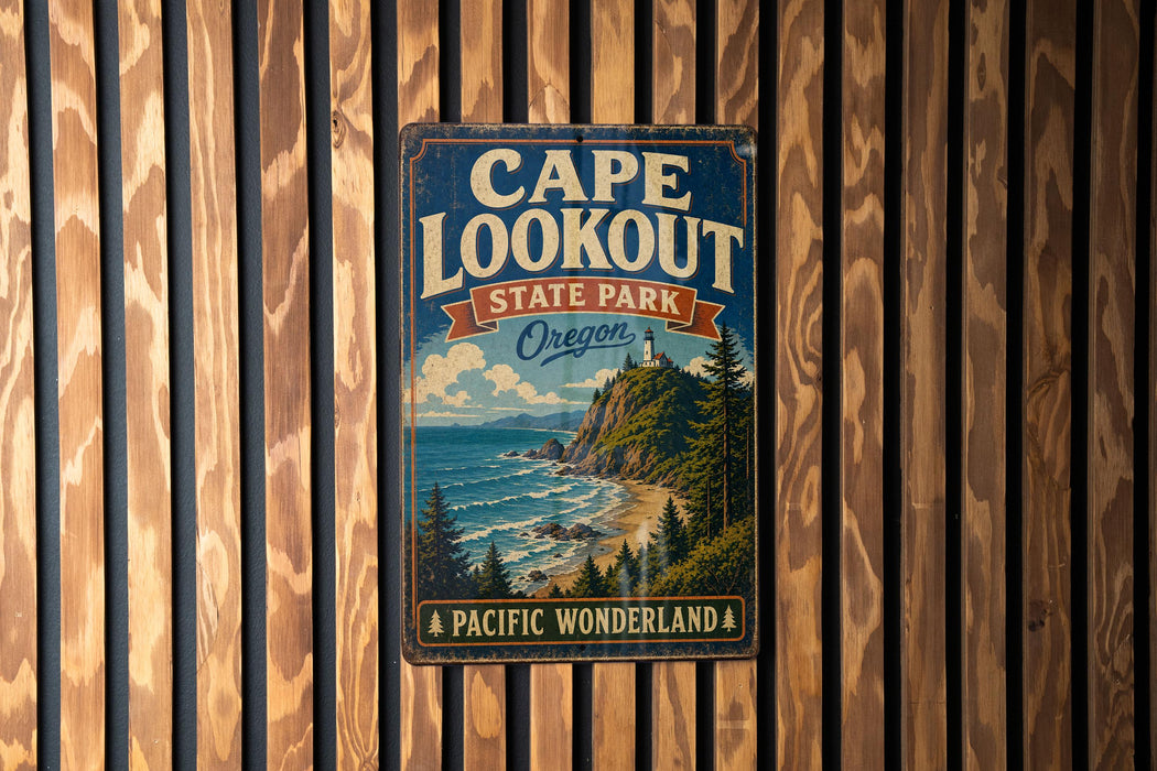A vintage metal sign for Cape Lookout State Park in Oregon, featuring a scenic coastal landscape with a lighthouse and mountains in the background.