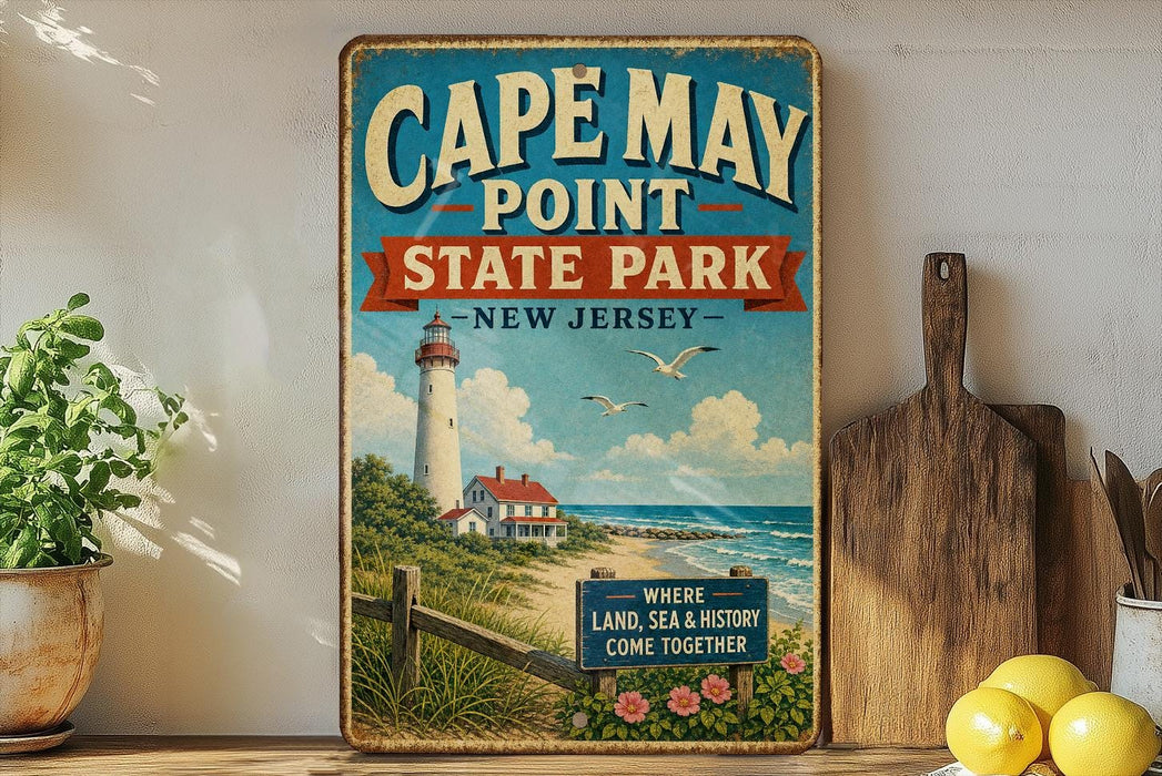 A vintage-style sign for Cape May Point State Park in New Jersey, featuring a lighthouse and a beach scene.