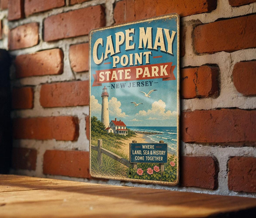 A vintage metal sign for Cape May Point State Park in New Jersey, featuring a lighthouse and a beach scene.