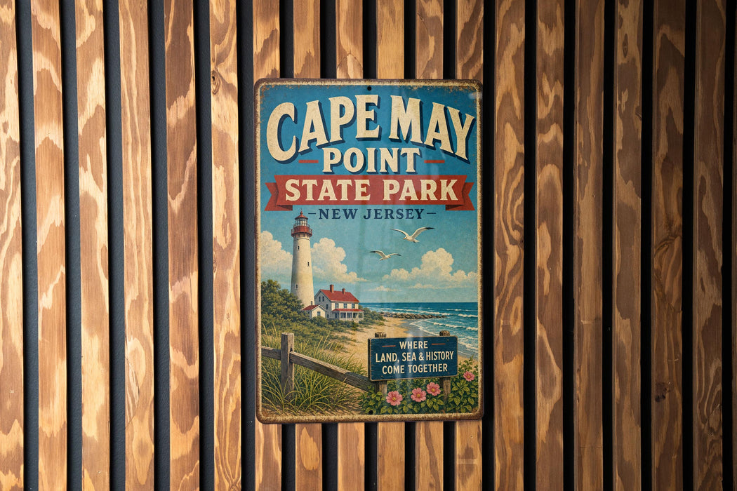 A vintage metal sign for Cape May Point State Park in New Jersey, featuring a lighthouse and a beach scene.