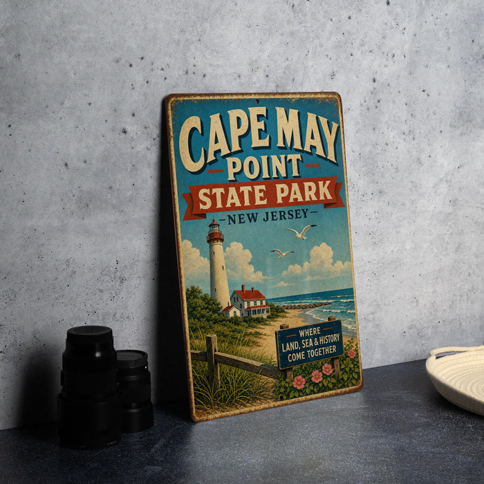 A vintage-style sign for Cape May Point State Park in New Jersey, featuring a lighthouse and beach scene.