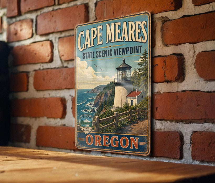A vintage metal sign for Cape Meares State Scenic Viewpoint in Oregon, featuring a lighthouse and coastal landscape.