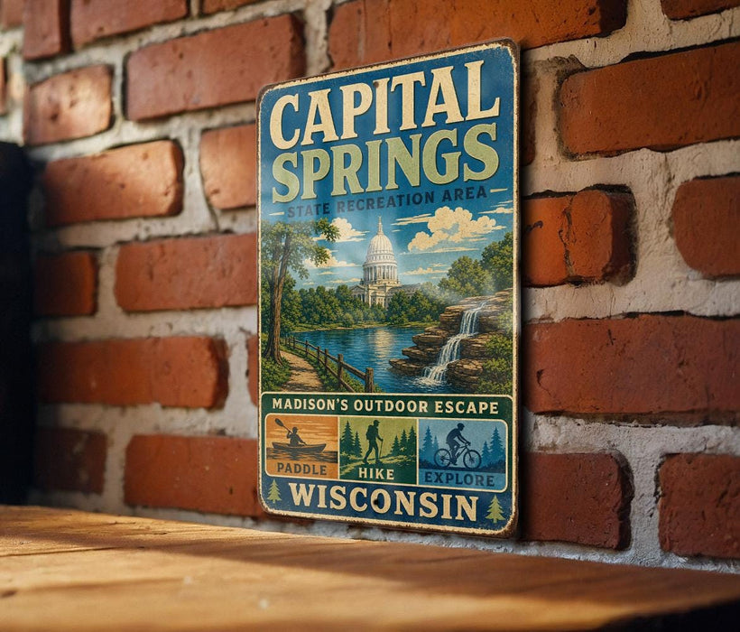 A vintage metal sign for the Capital Springs State Recreation Area in Wisconsin, featuring a scenic illustration of the state's natural beauty.