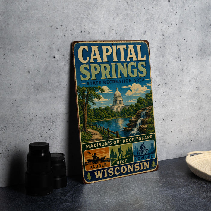 A vintage metal sign for Capital Springs State Recreation Area in Wisconsin, featuring an illustration of a scenic landscape with a waterfall and a person on a bicycle.